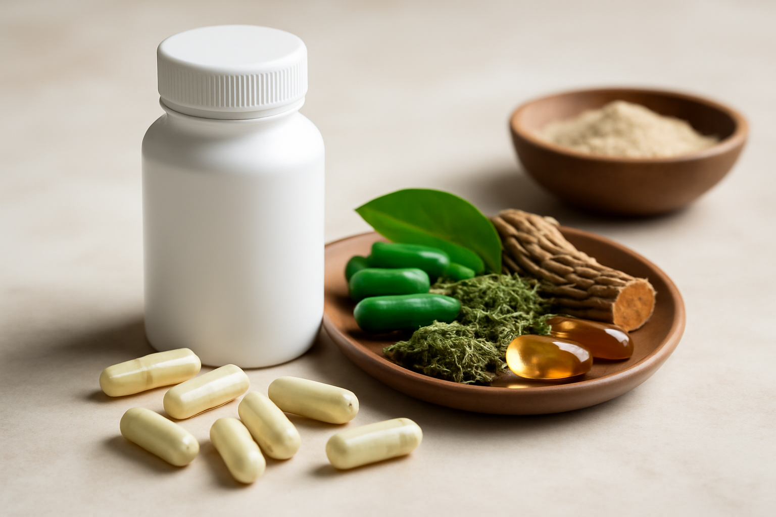White supplement bottle with variety of capsules and natural ingredients