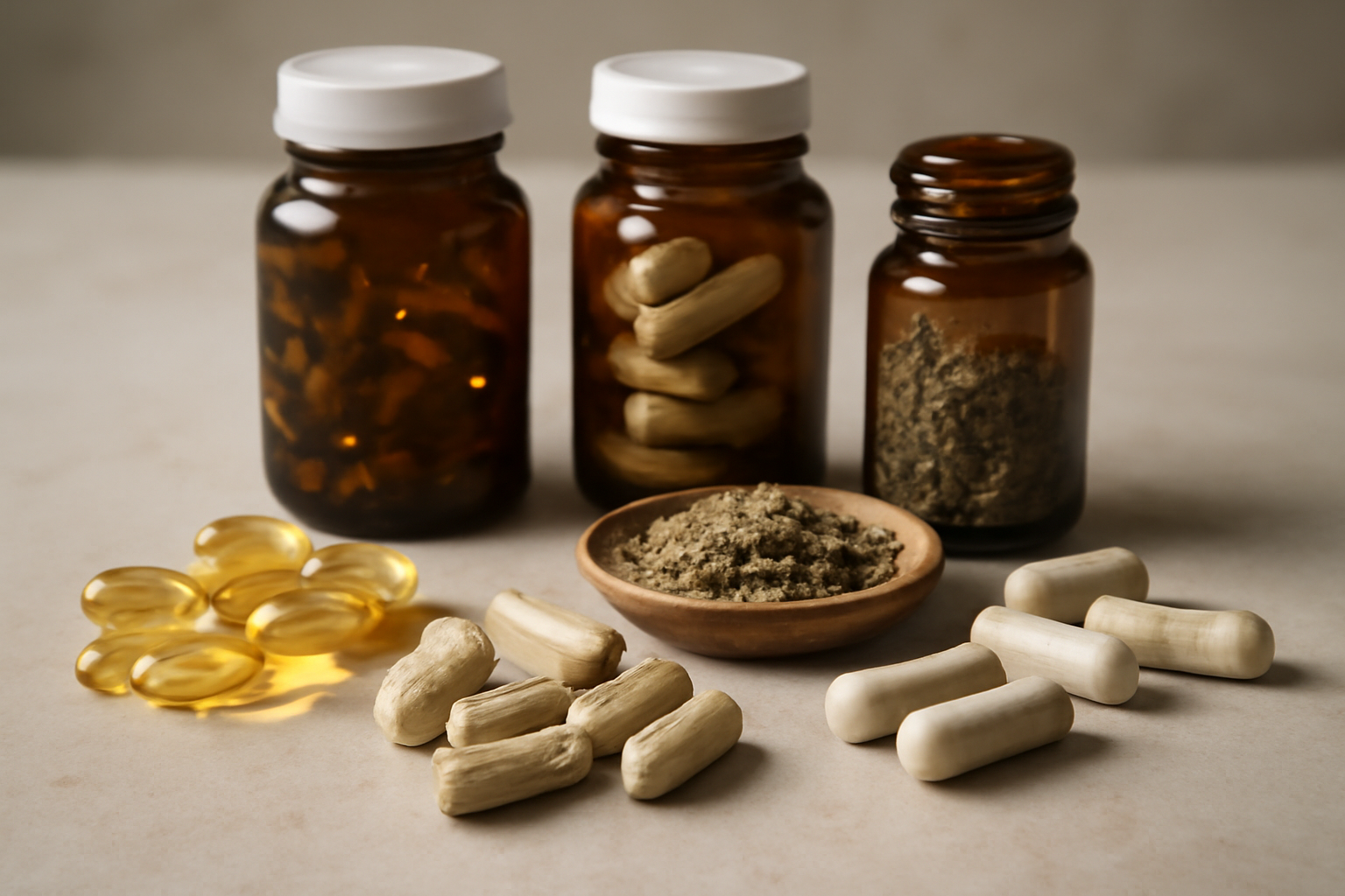 Brown glass bottles with capsules and powder supplements