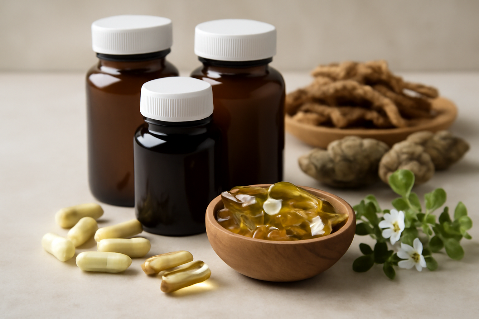 Brown supplement bottles with capsules and herbal ingredients