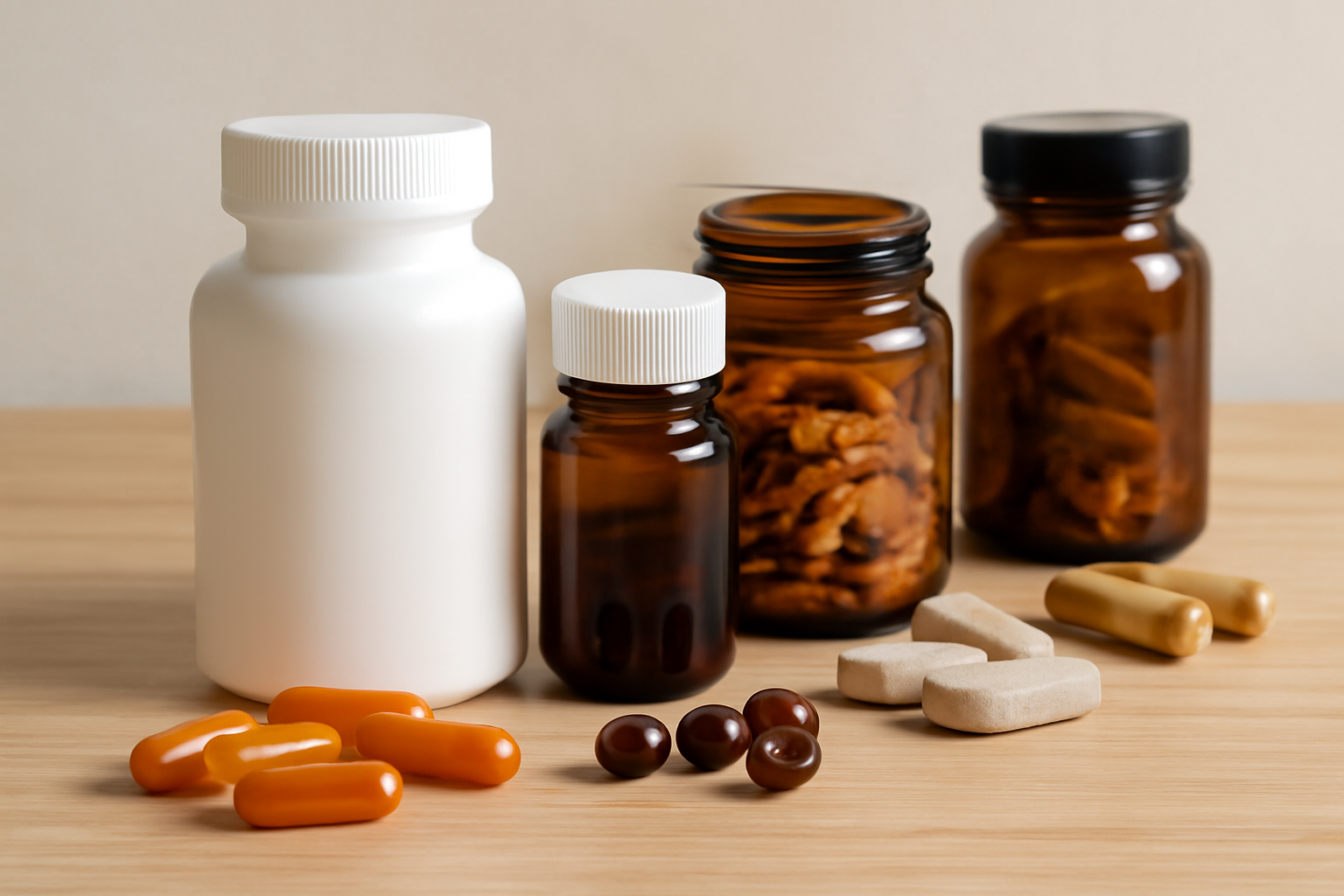 Various supplement bottles and assorted capsules and tablets on wood