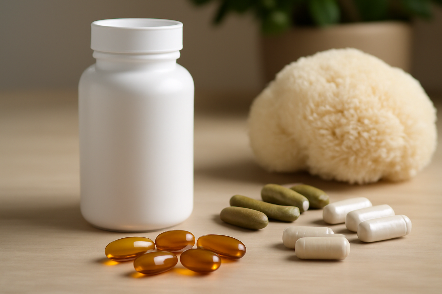 White supplement bottle with various capsules and soft natural sponge