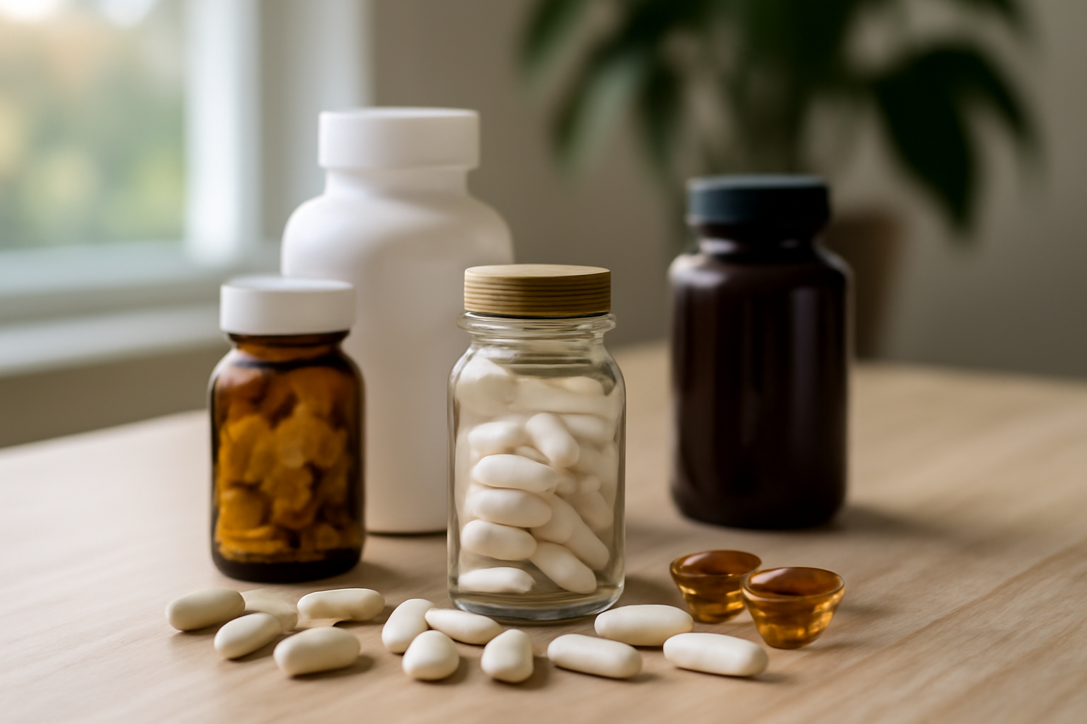 Various supplement bottles and white capsules on wooden table
