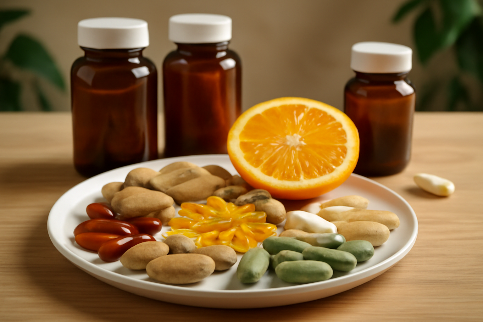 Assorted vitamin pills and half an orange on a plate with supplement bottles