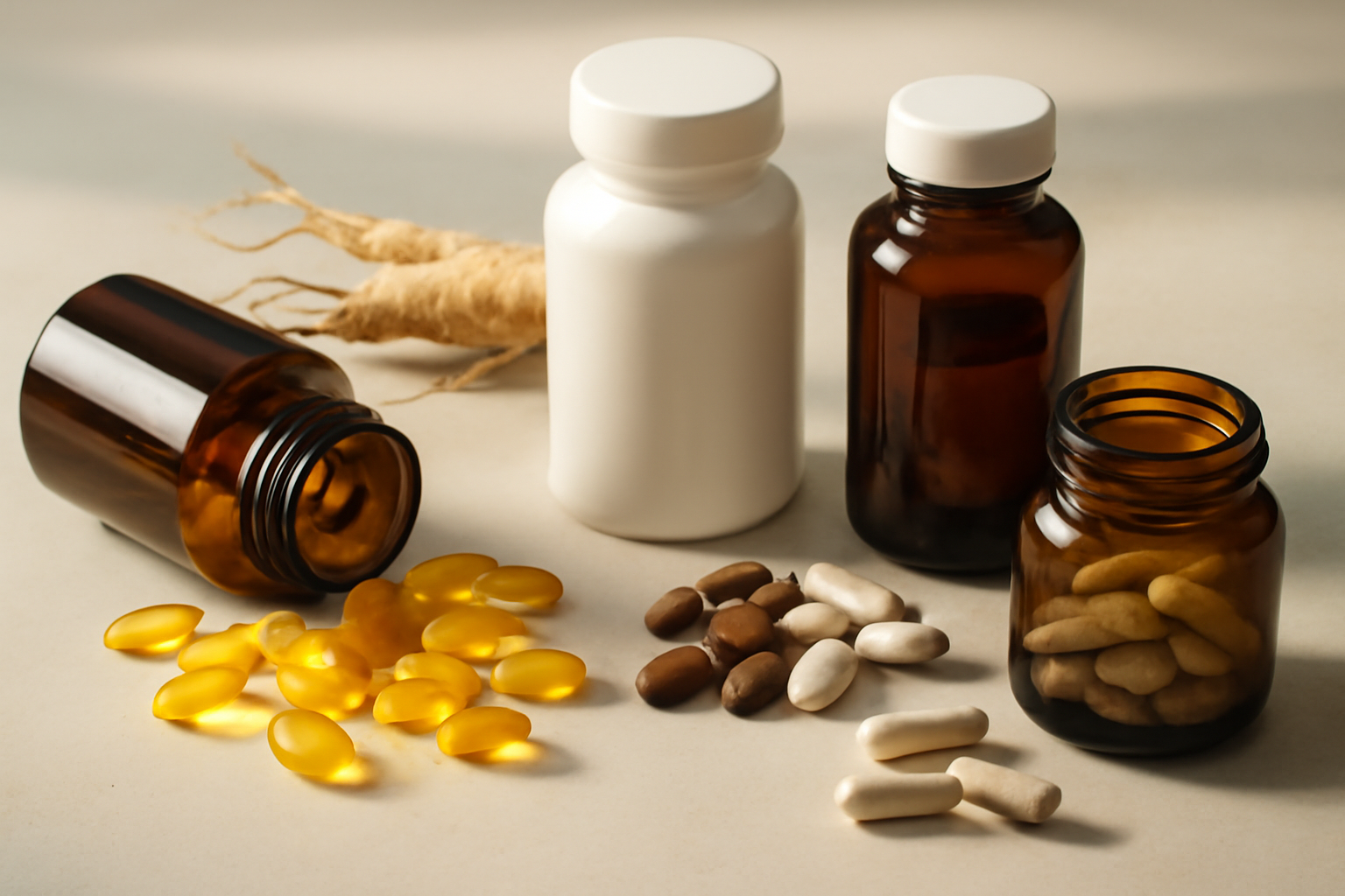Various vitamin capsules and tablets with bottles and ginseng root