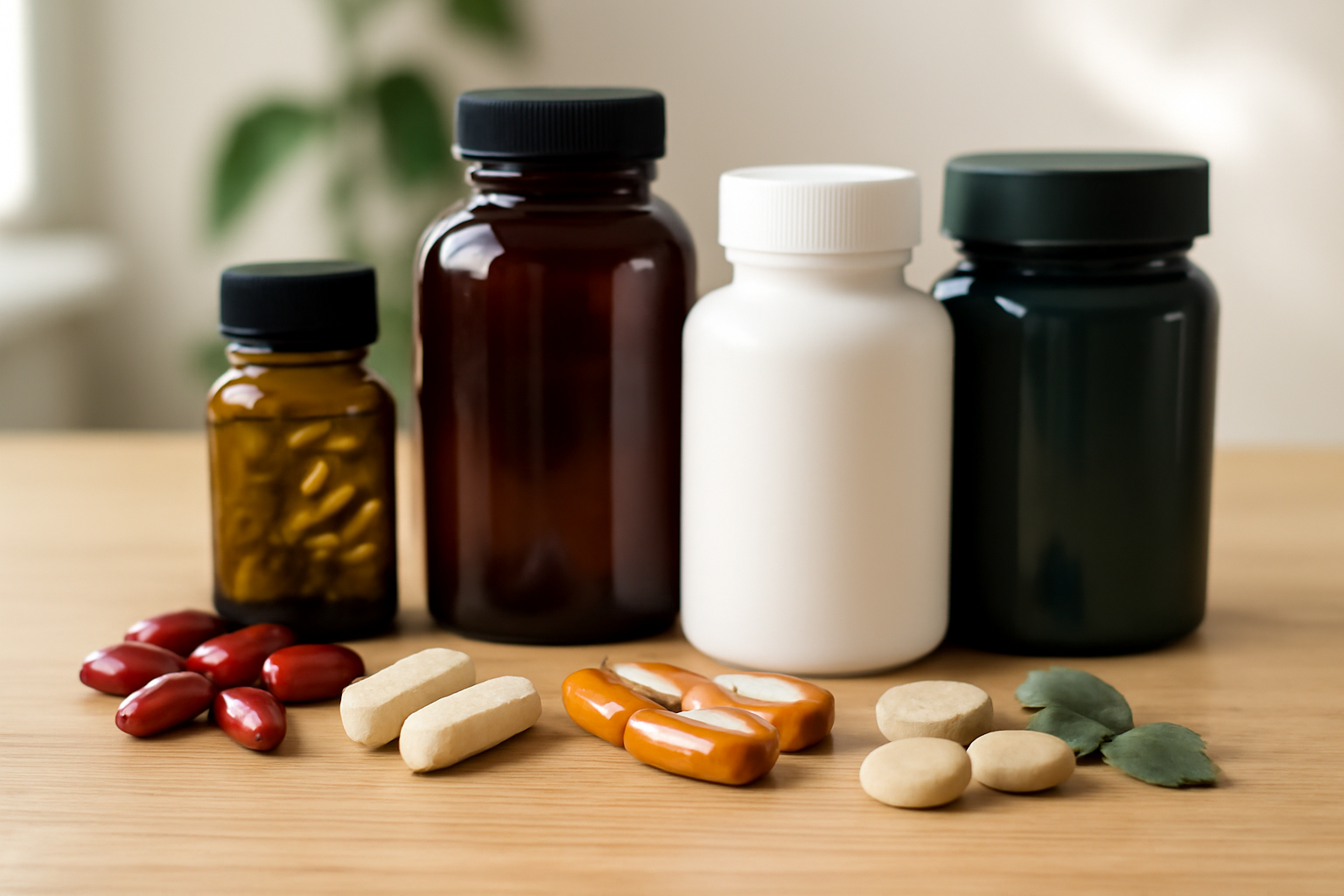 Various vitamin bottles with different pills and capsules on wood surface