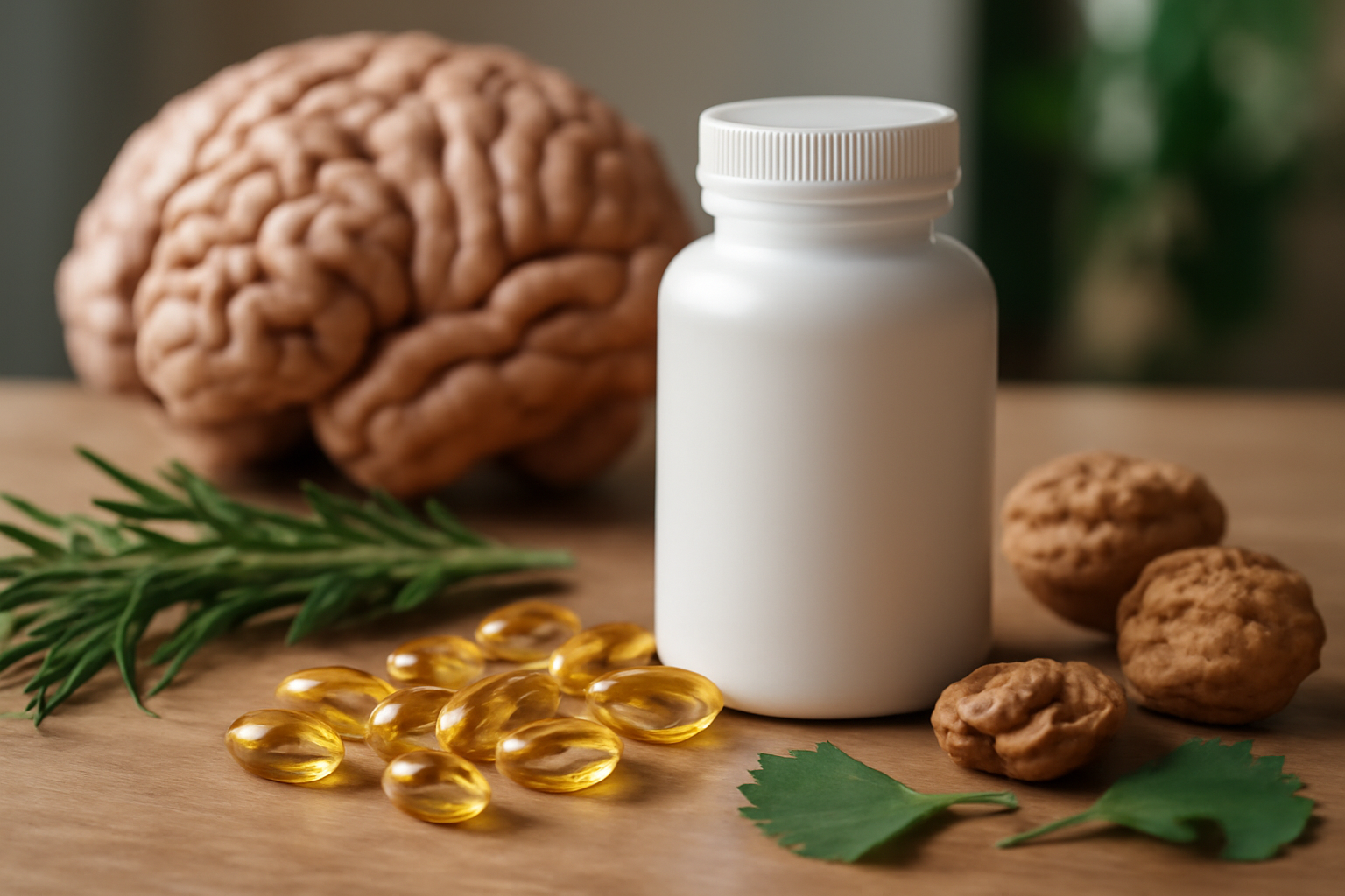 White supplement bottle with capsules, walnut, and green leaves