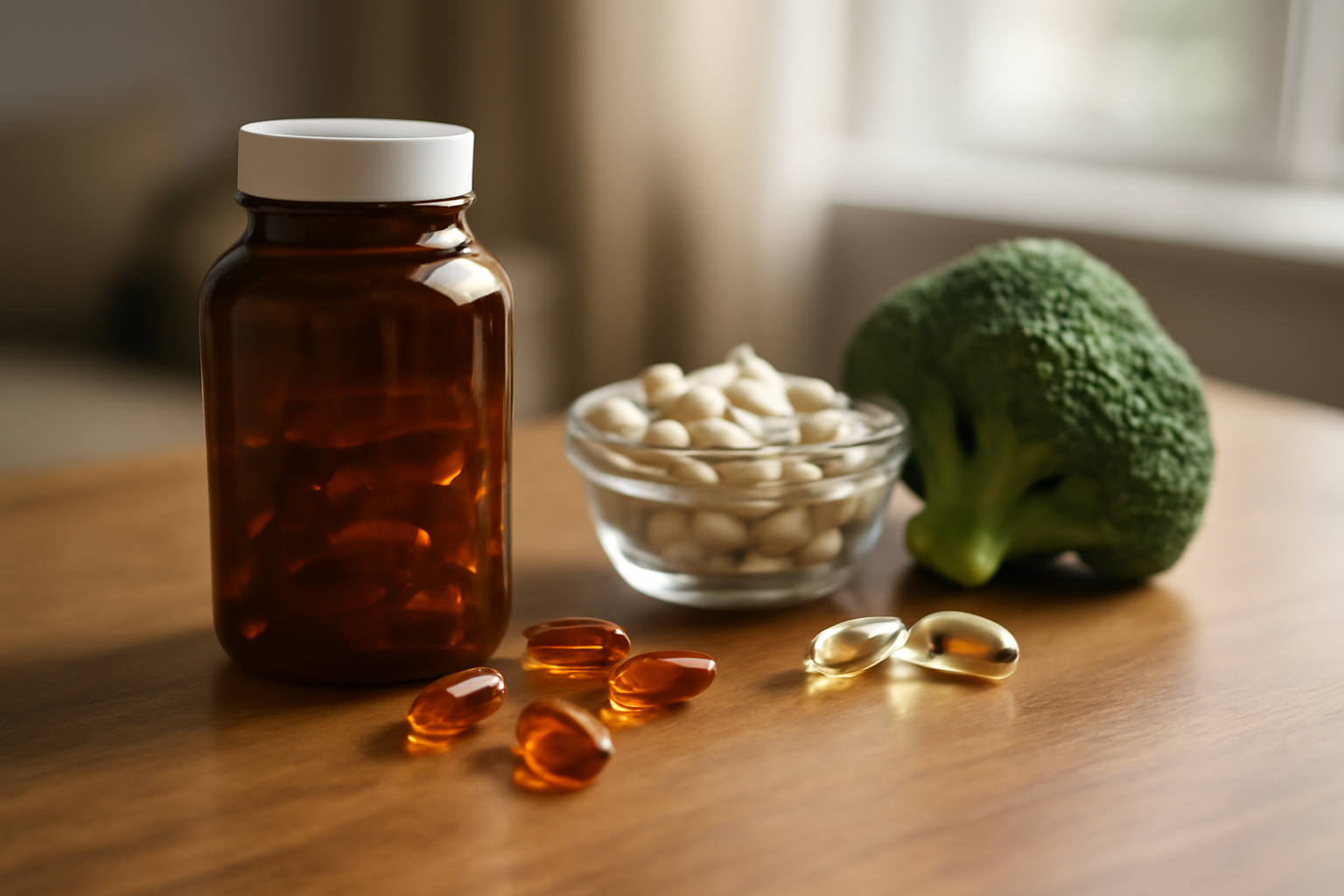 Brown supplement bottle, capsules, and broccoli on table