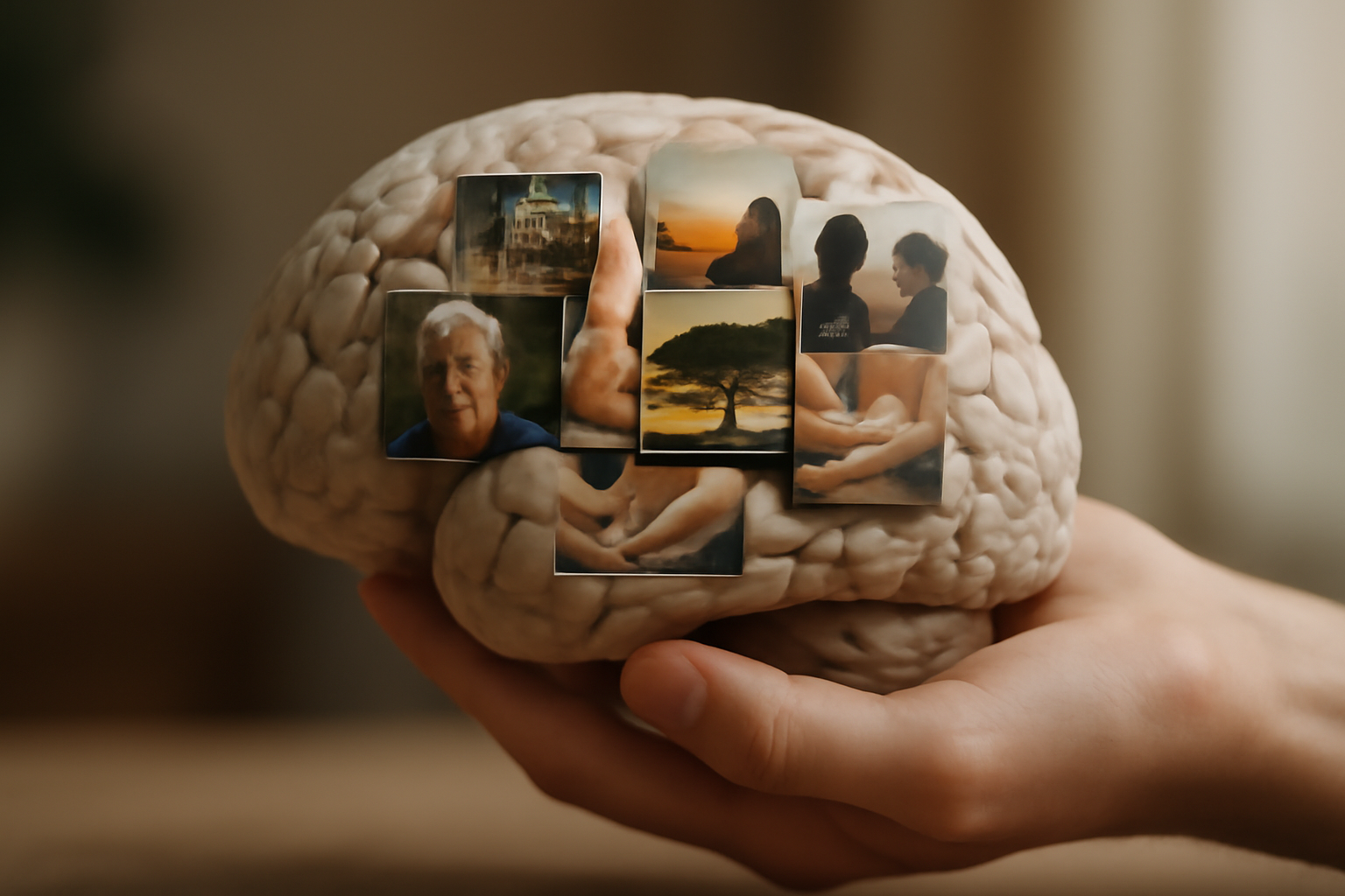Hand holding a brain model with photos representing memories