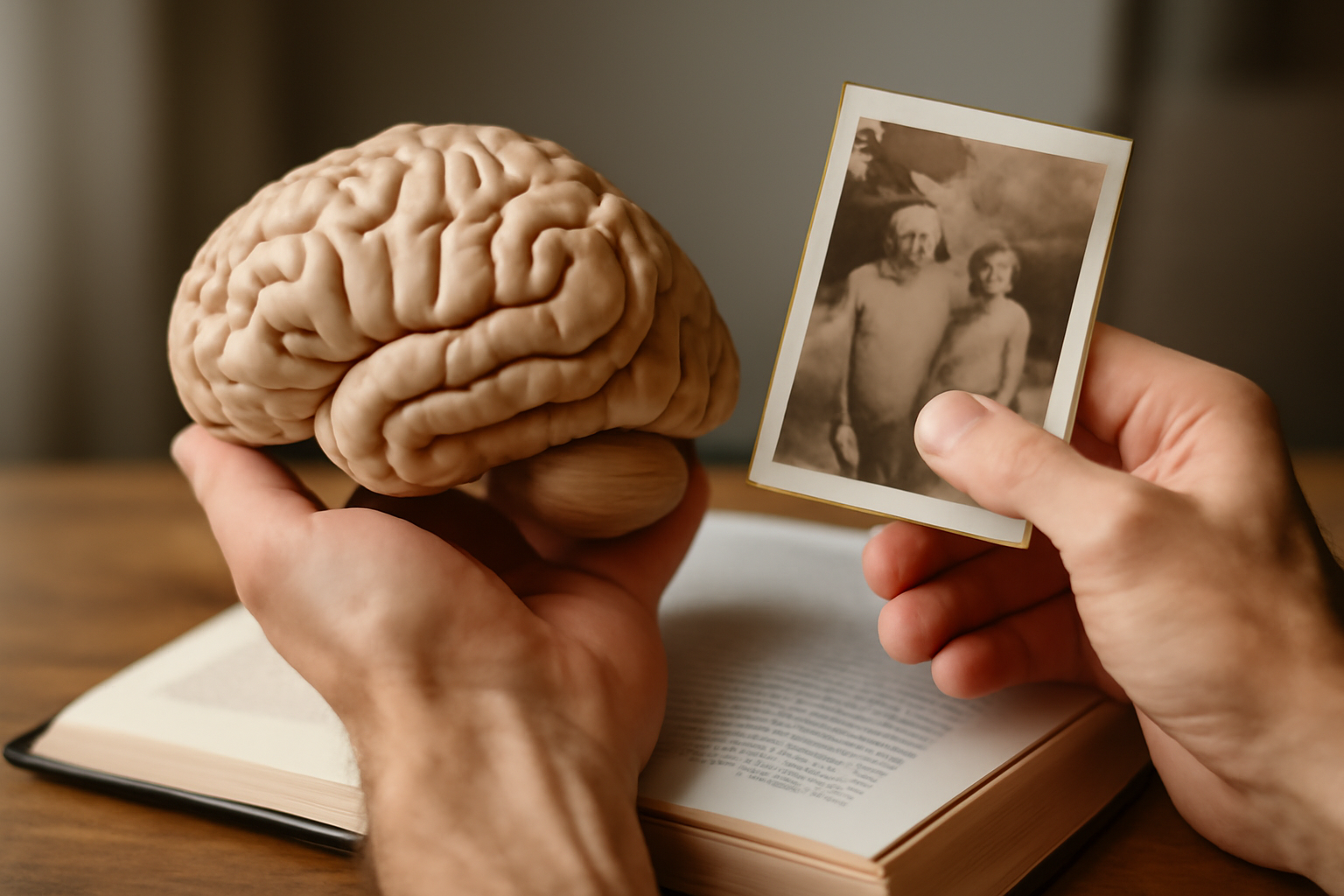Hands holding a brain model and an old photograph over an open book