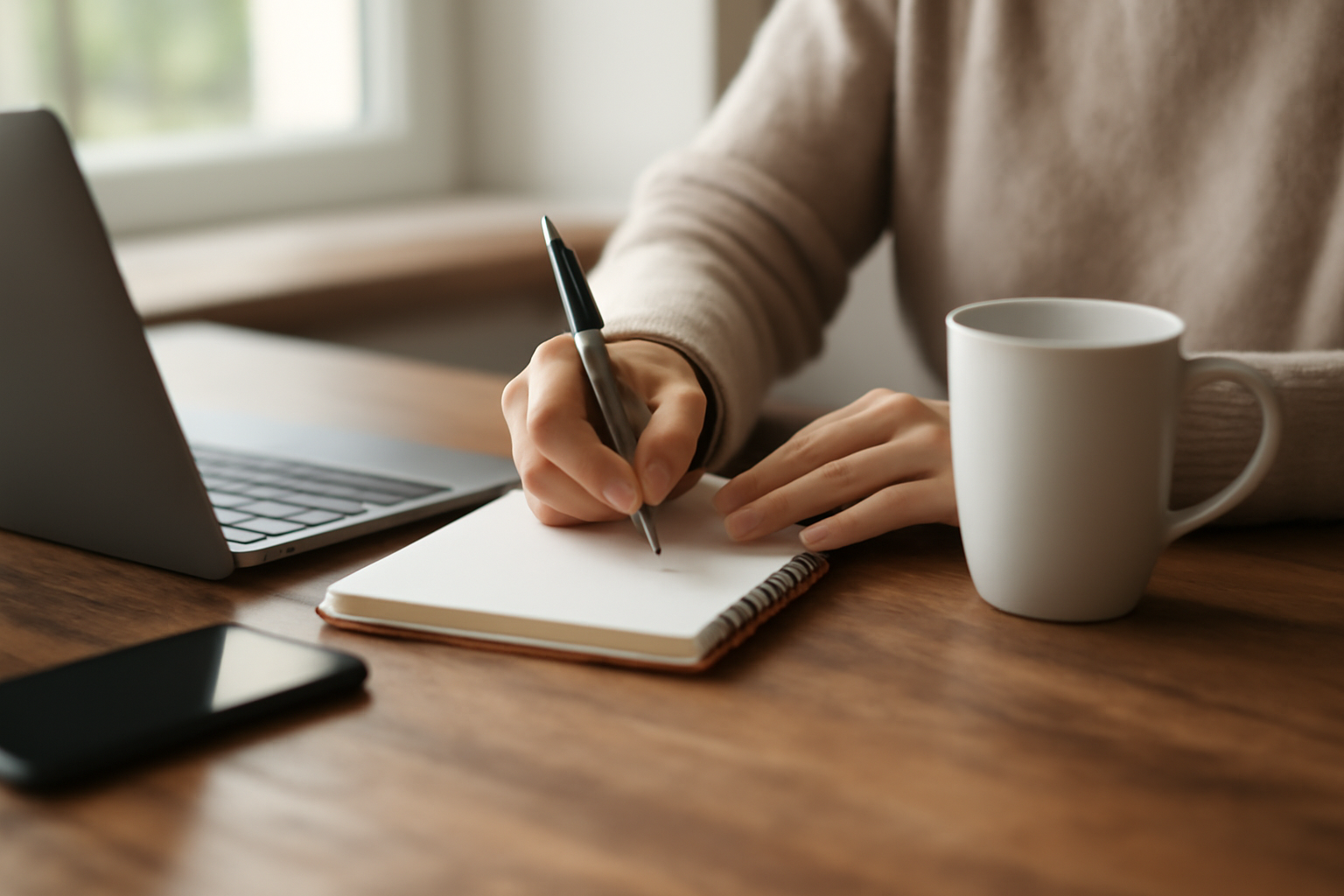 Person writing in notebook near laptop and coffee mug