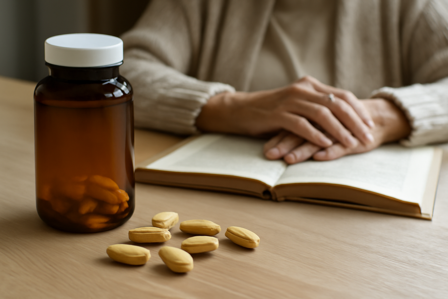 Brown bottle with yellow pills near person reading book