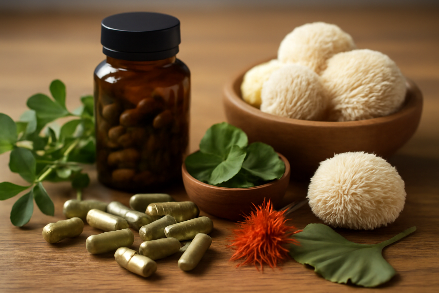 Herbal supplements with green capsules and medicinal mushrooms