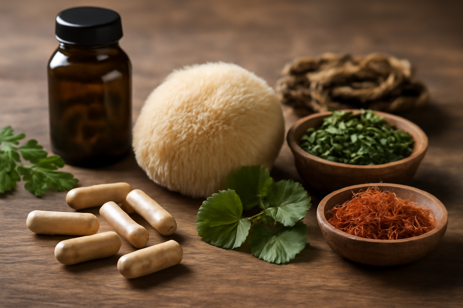 Herbal supplements, dried herbs, and capsules on wooden table