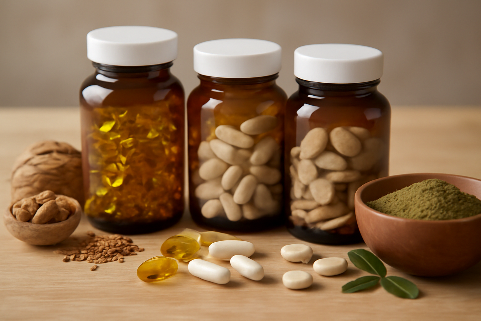 Brown bottles with dietary supplements and natural ingredients
