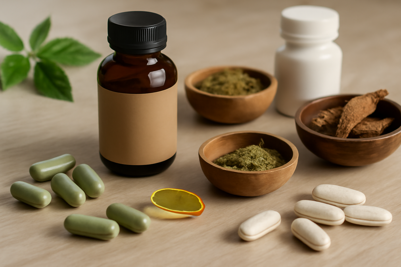 Supplement bottles, capsules, herbal powders, and root pieces on table
