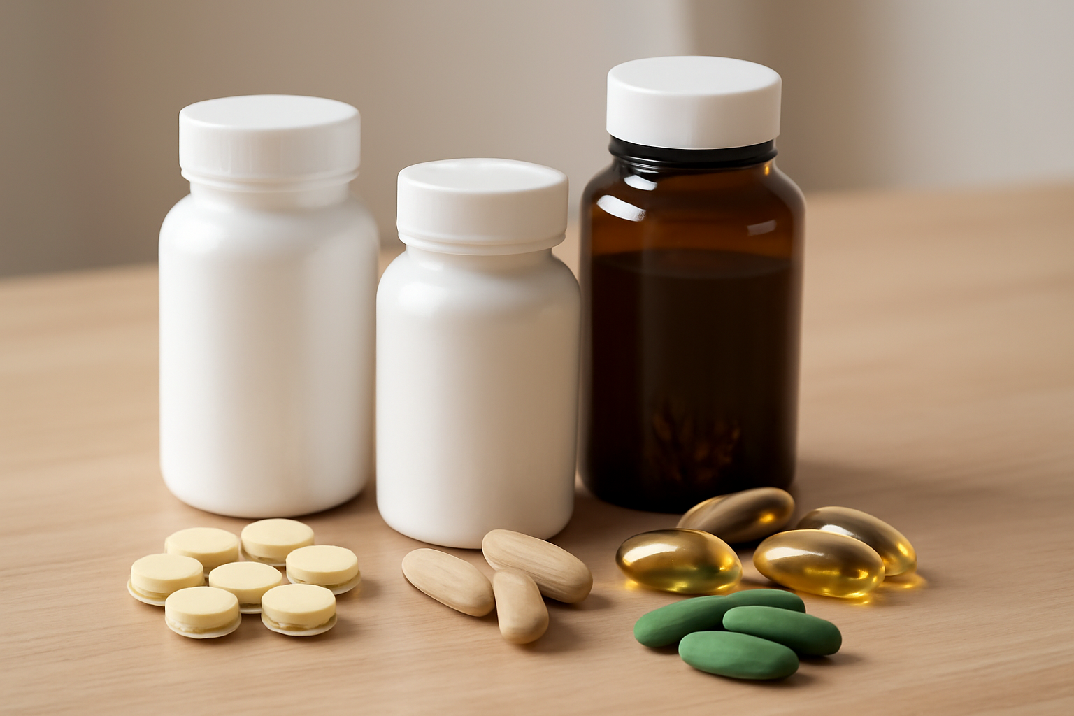 Three supplement bottles with various pills on a wooden surface