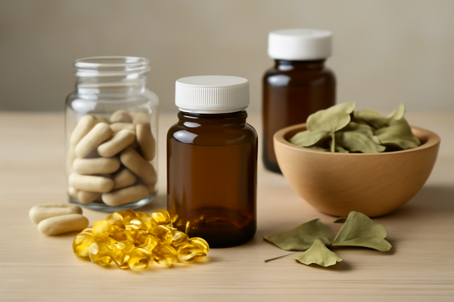 Bottles, capsules, and dried leaves for supplements