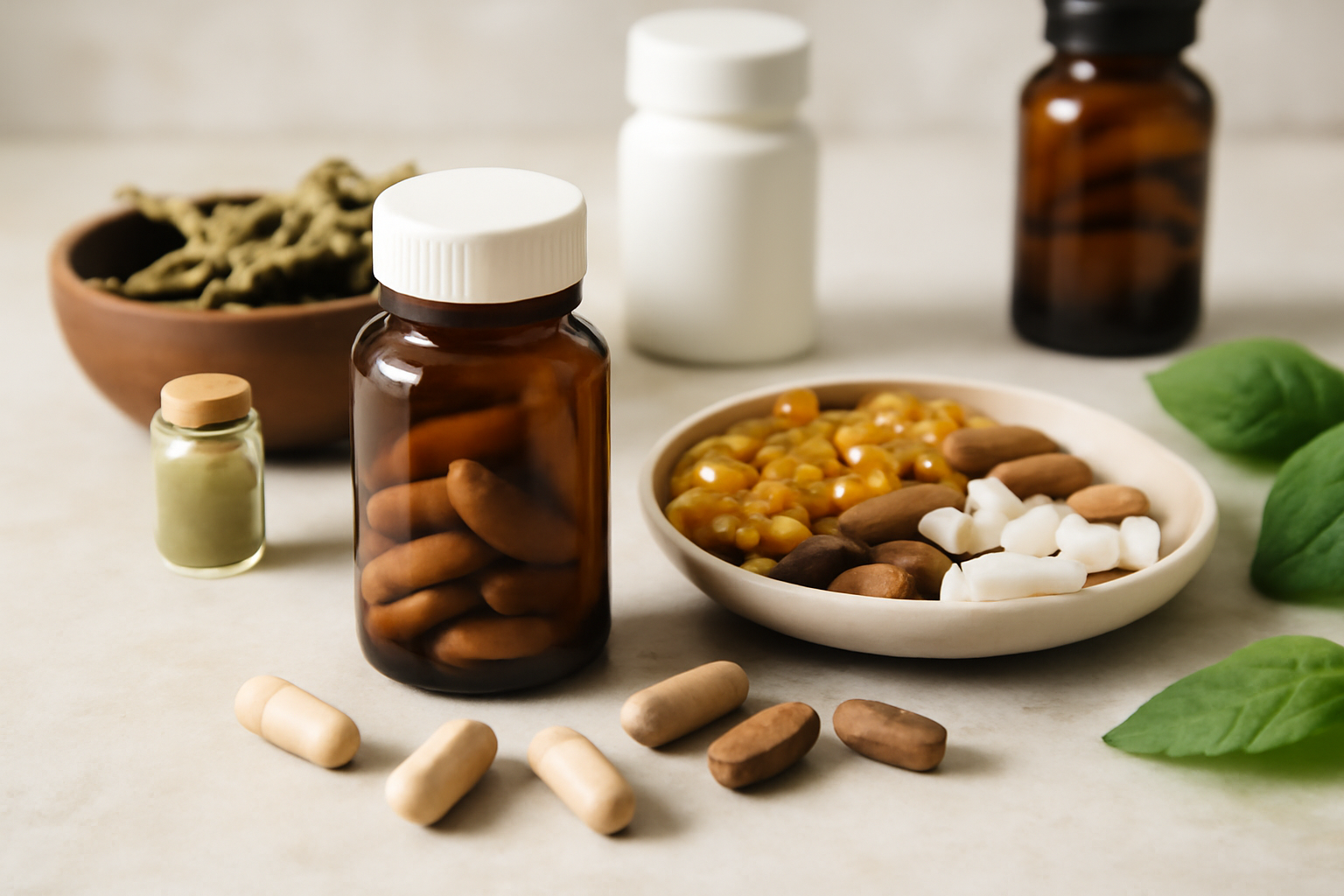 Bottles and capsules of various dietary supplements on a table