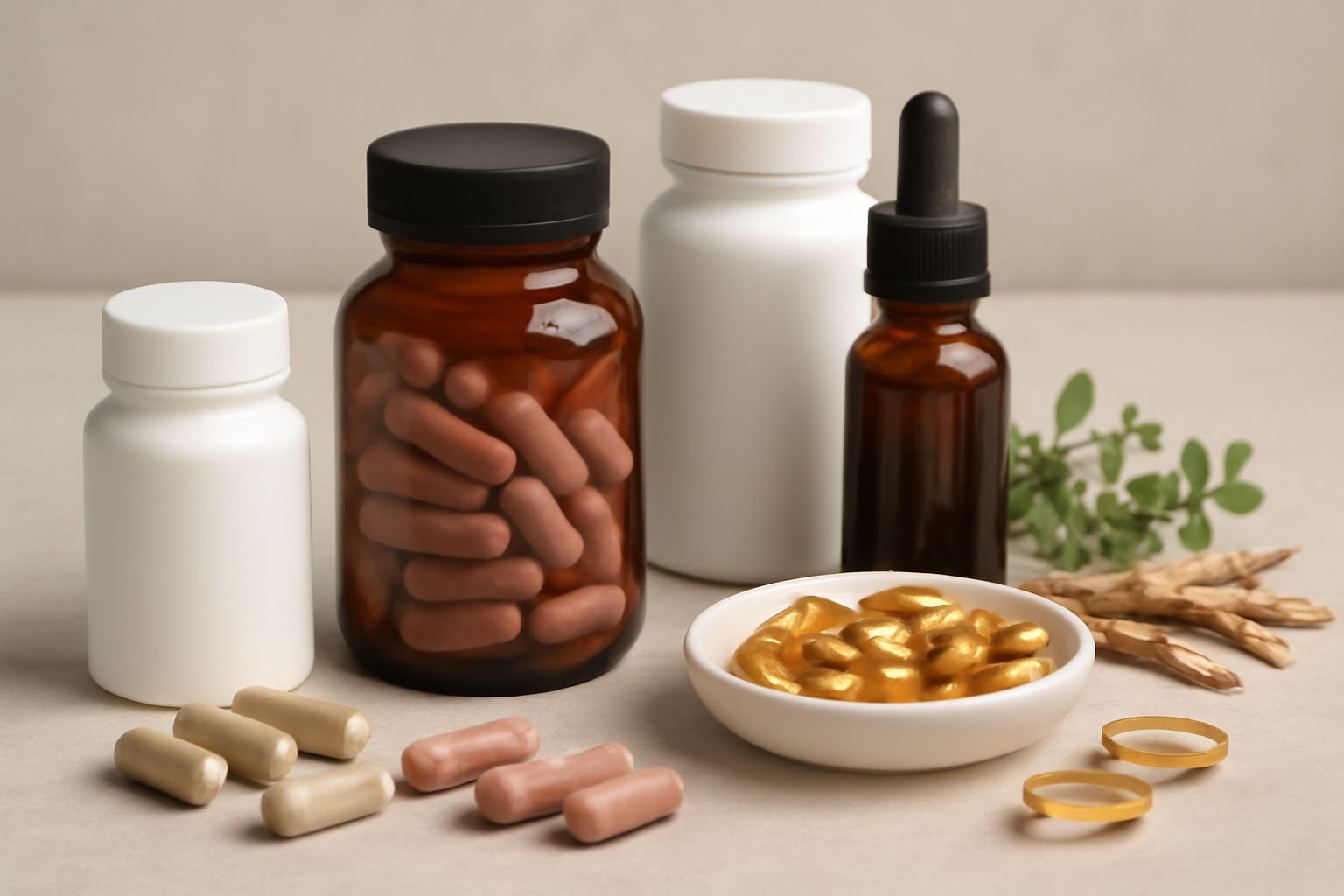 Various supplement bottles and capsules arranged on a table