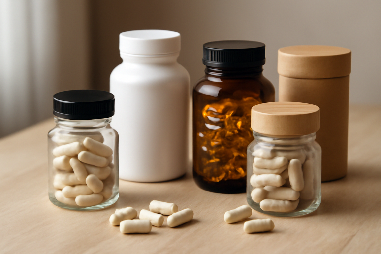 Various supplement bottles with capsules on a wooden surface