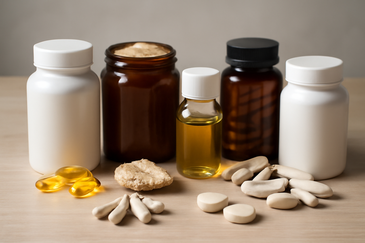 Variety of supplement bottles, capsules, and powders on table