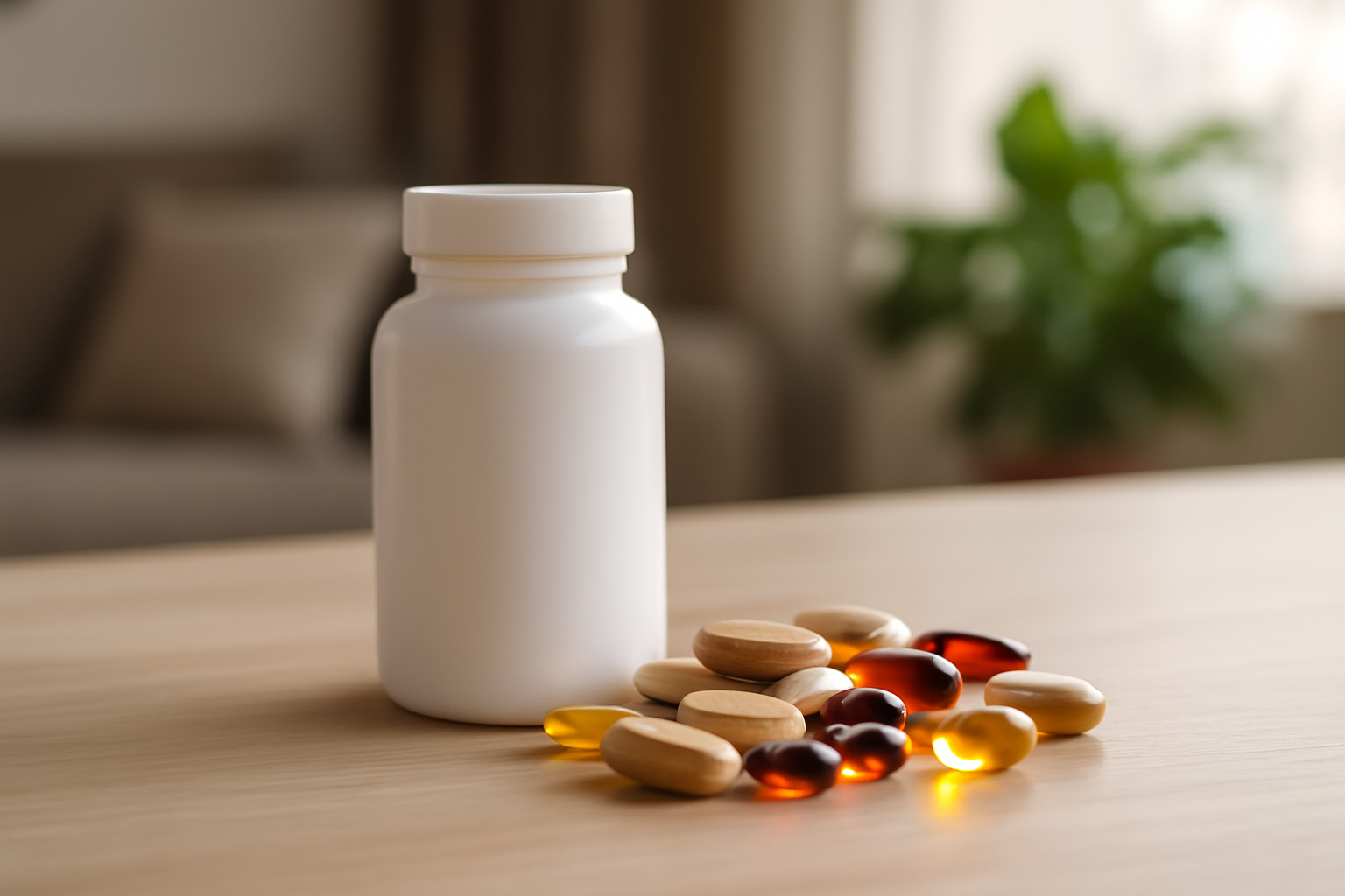 White pill bottle with various multivitamin capsules on table
