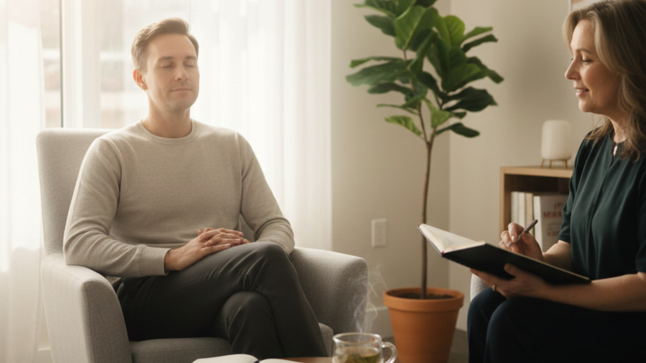 Man meditating in therapy session with female therapist taking notes