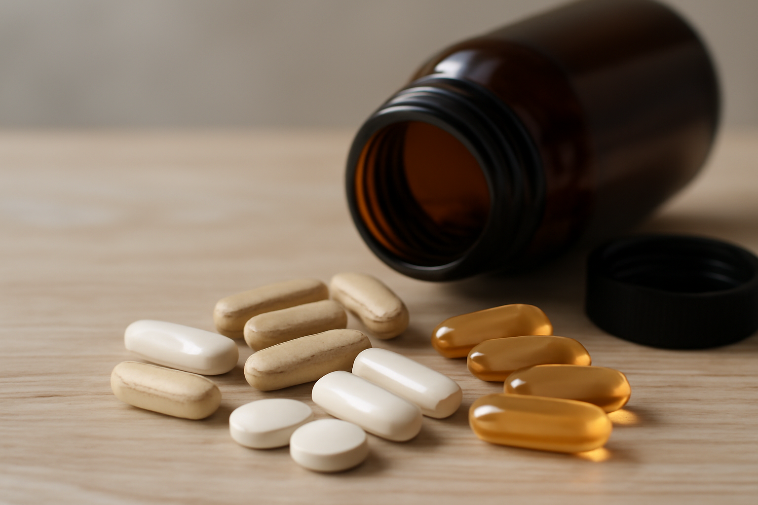 Various vitamins spilled out of a brown bottle on wooden surface