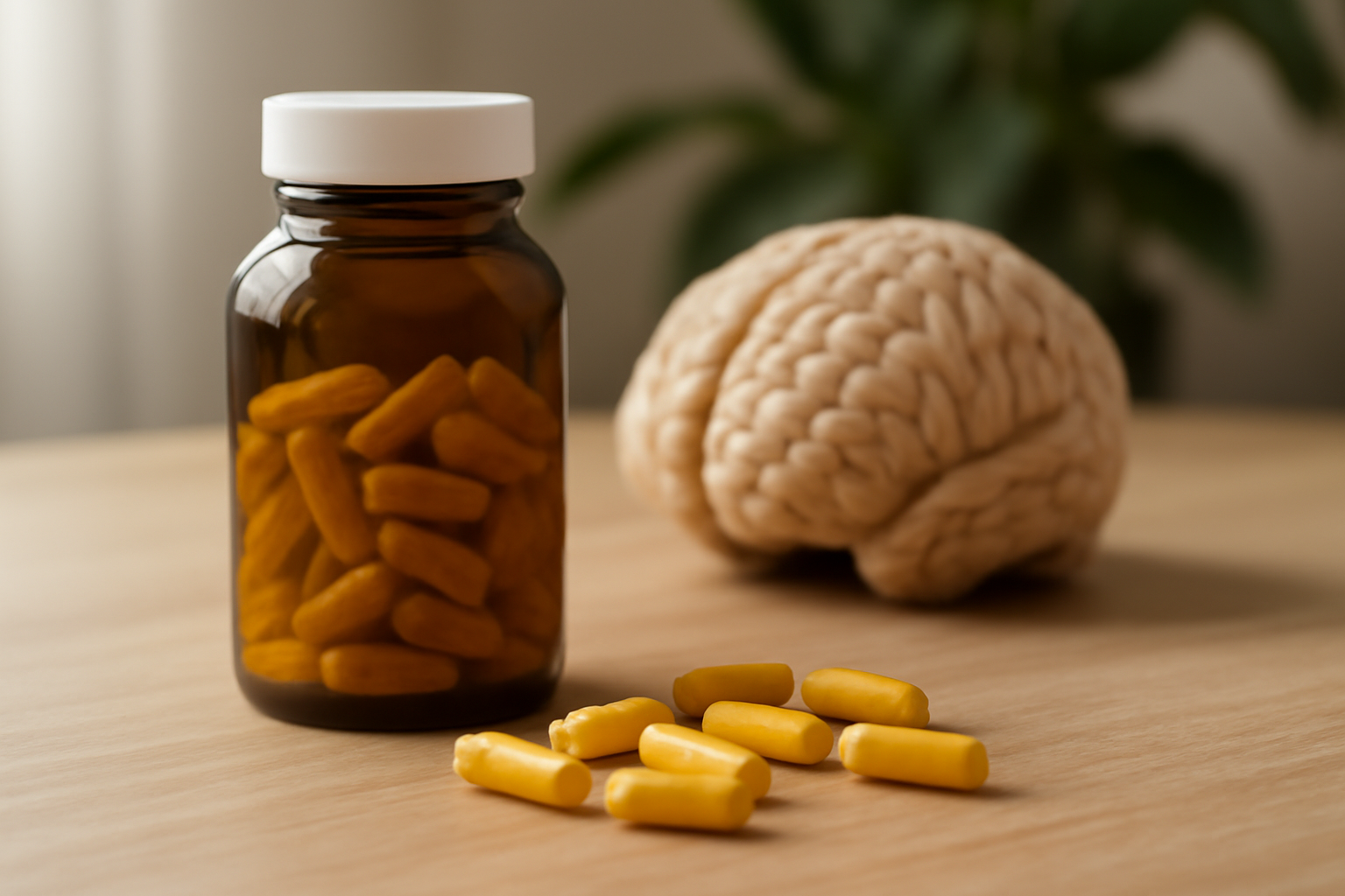 Brown bottle with yellow capsules and a brain model in the background