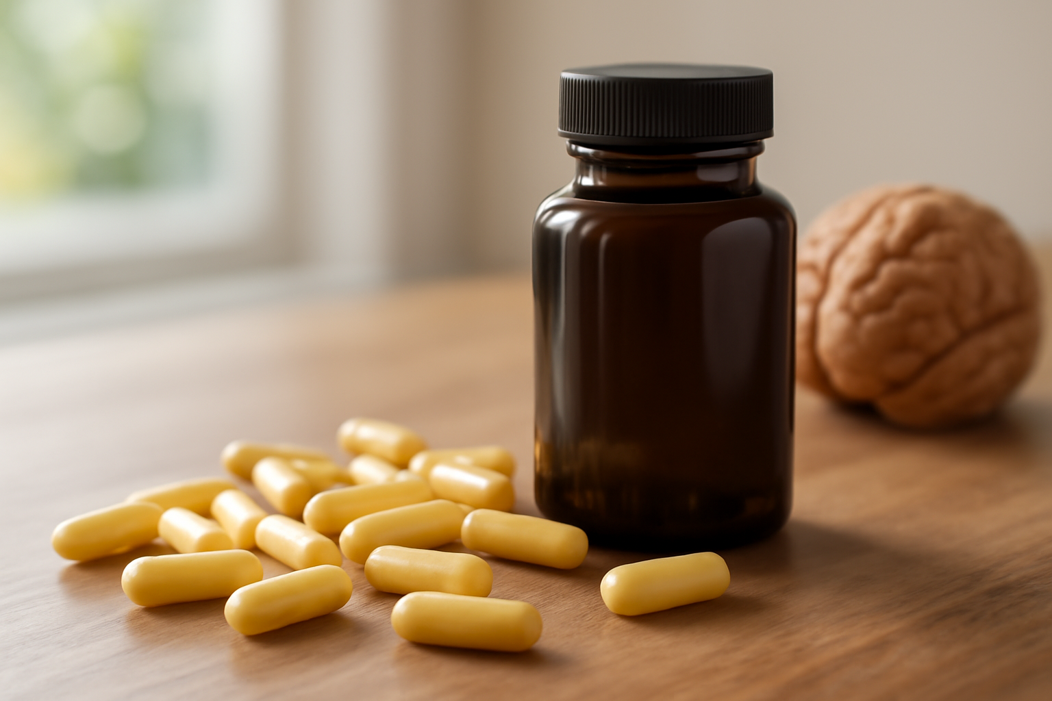 Brown bottle with yellow capsules and a walnut on a wooden surface