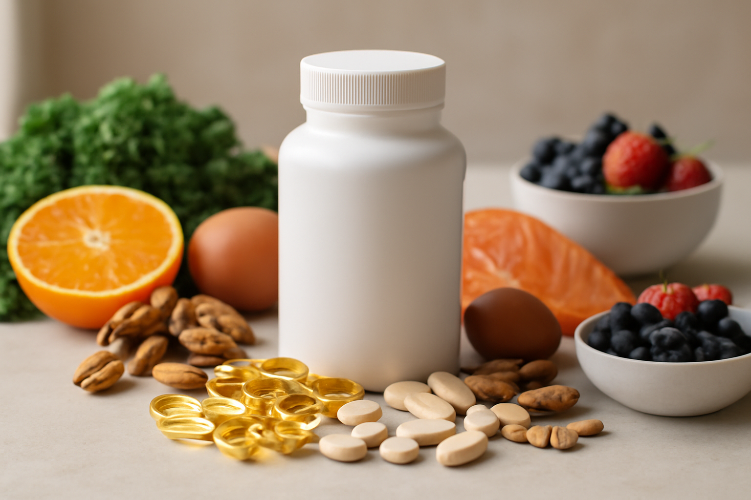 White supplement bottle with vitamins, fruits, nuts, and vegetables