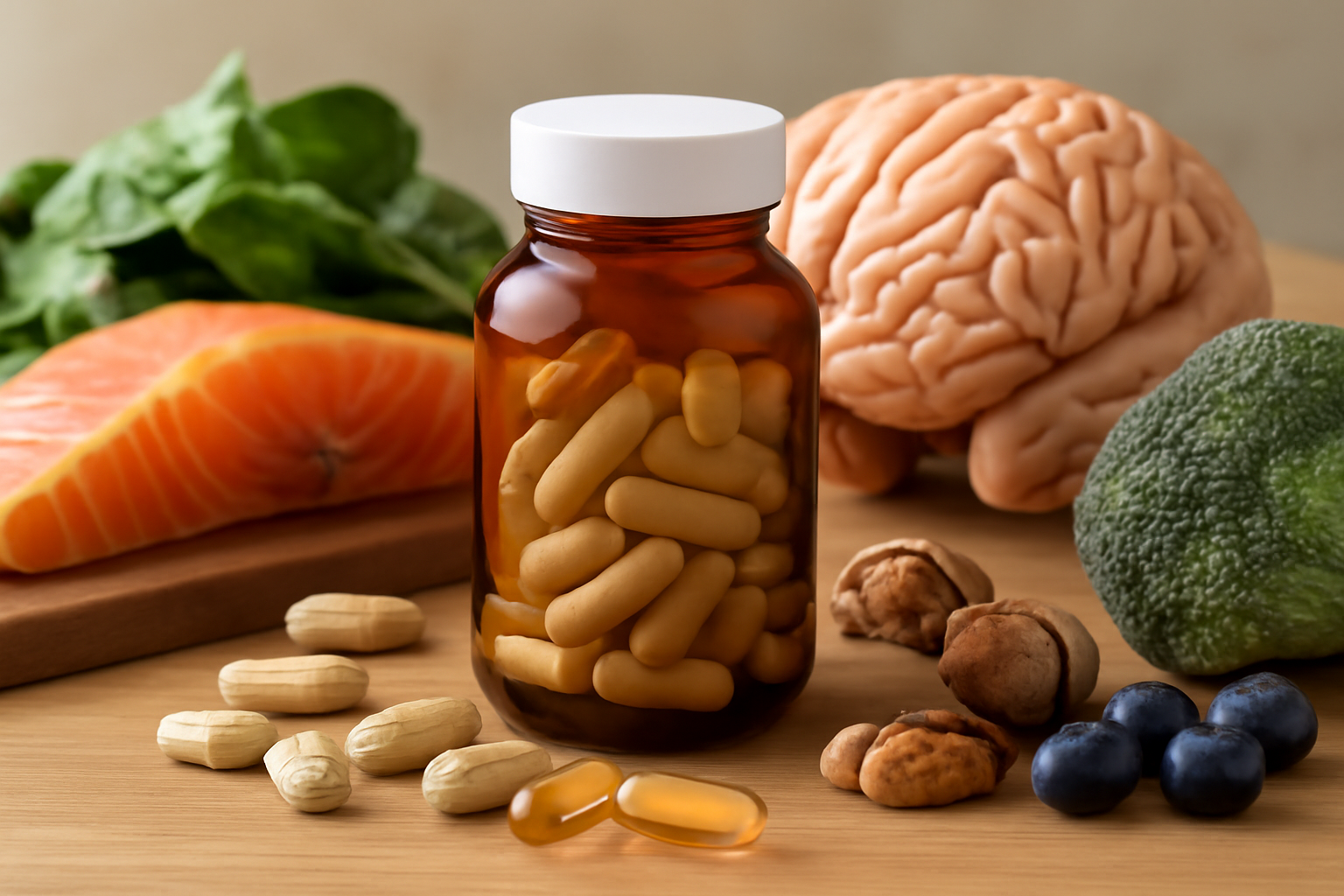 Bottle of vitamins surrounded by healthy foods and brain model