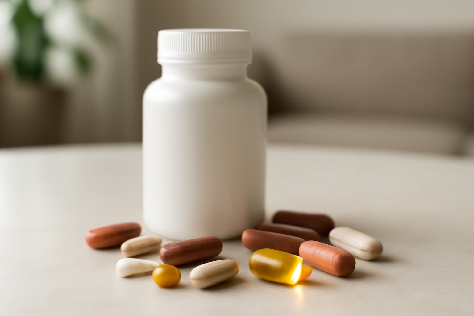 White pill bottle with assorted capsules and softgel vitamins