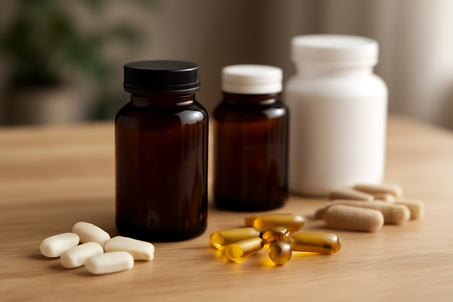 Bottles and assorted vitamin capsules and tablets on table