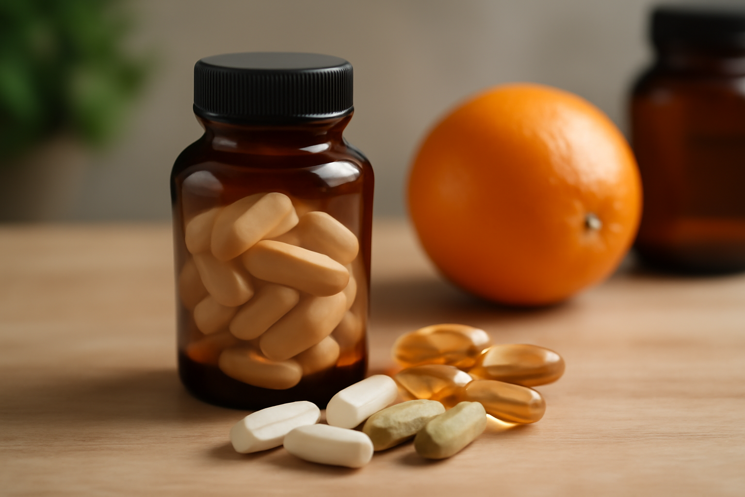 Amber bottle with vitamin pills and an orange on a wooden surface