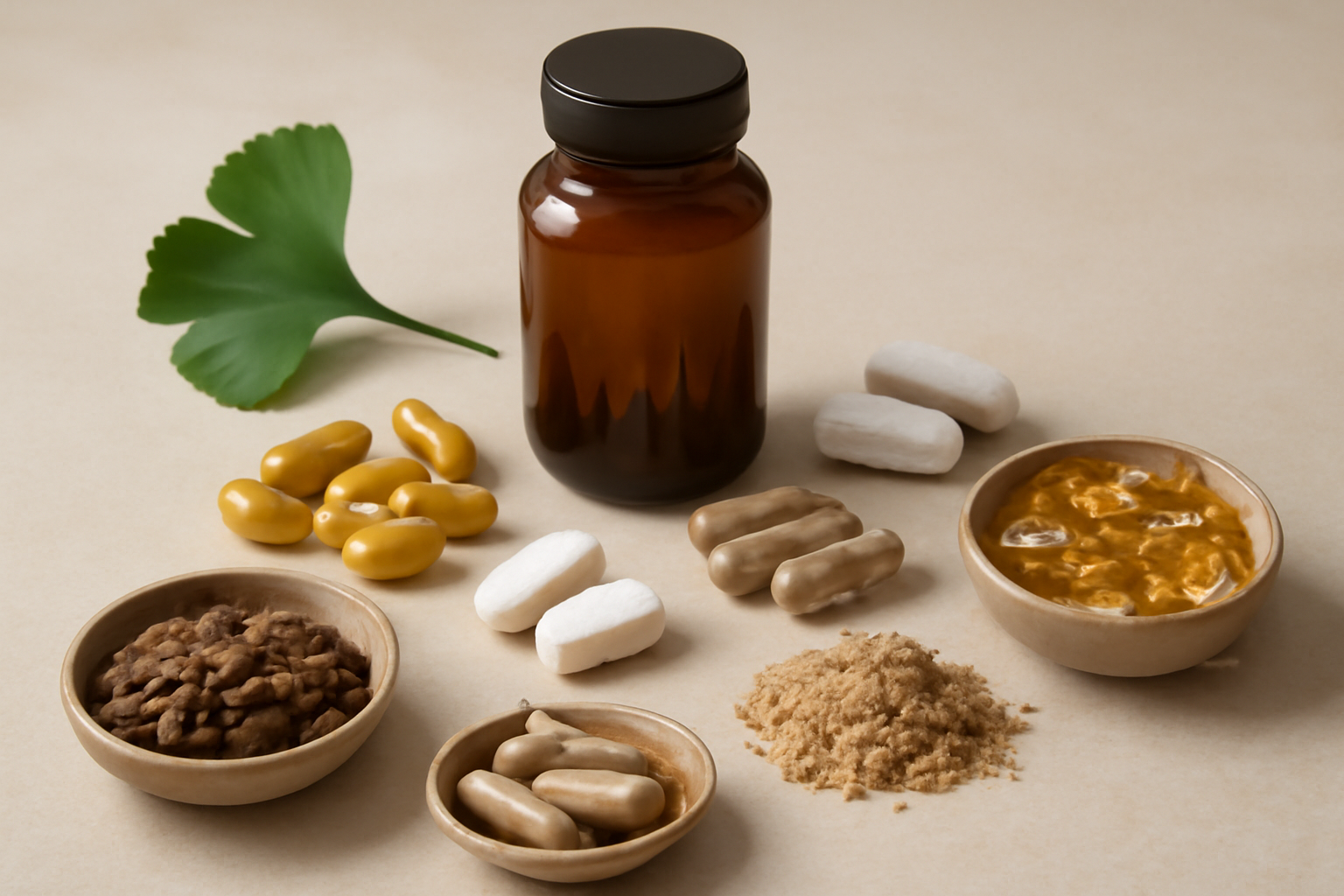Brown supplement bottle with various pills, powders, and a green leaf