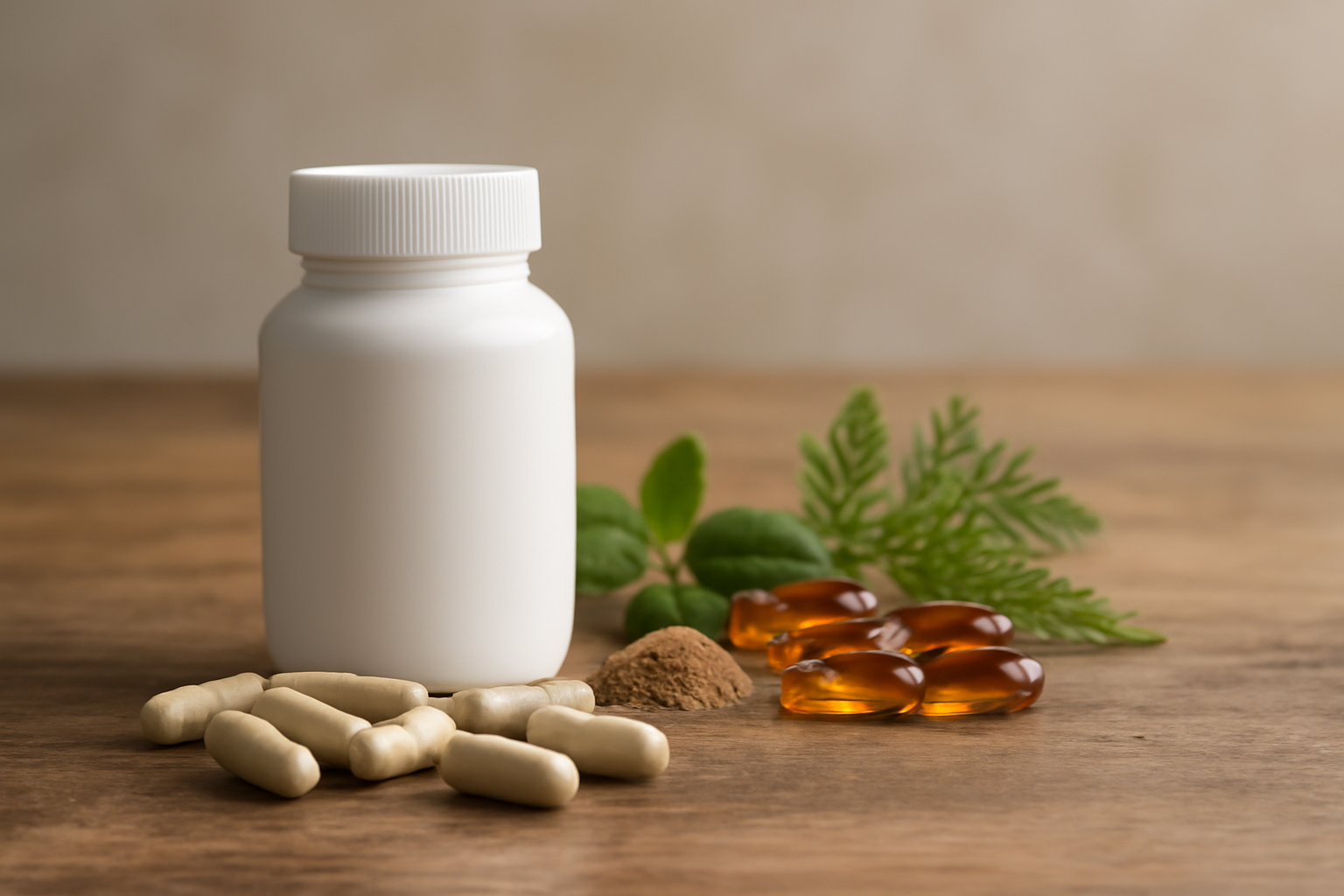 Supplement capsules, softgels, powder, and green leaves beside white bottle