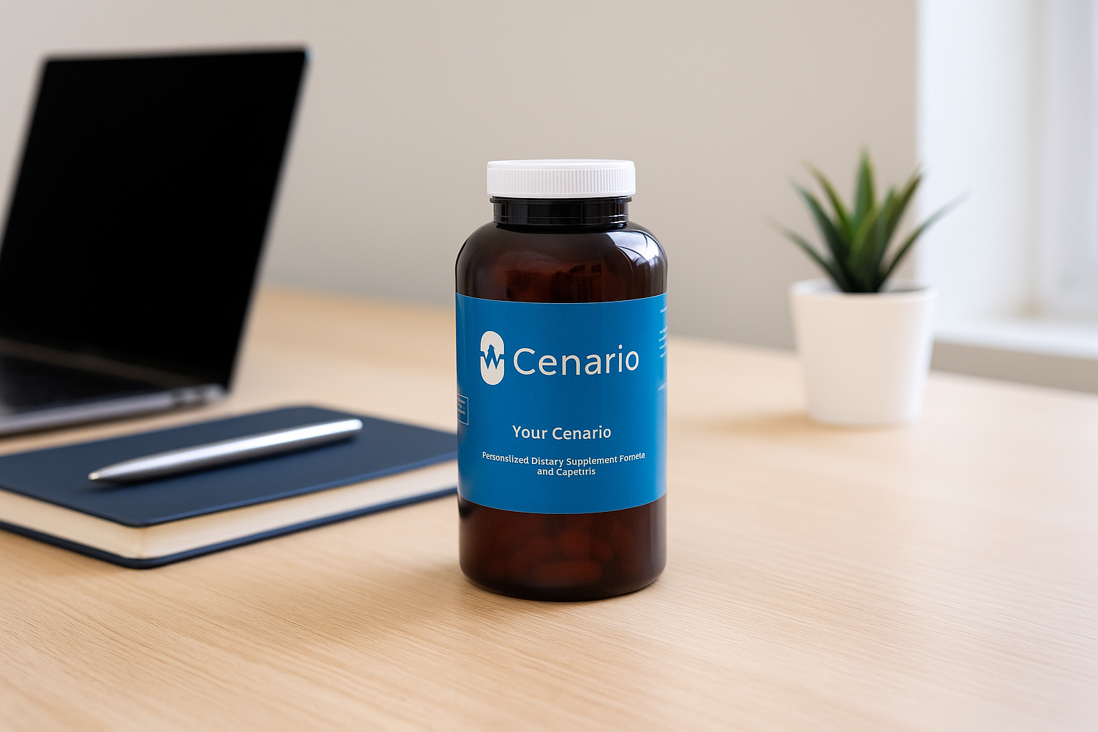 Cenario dietary supplement bottle on desk with laptop and plant