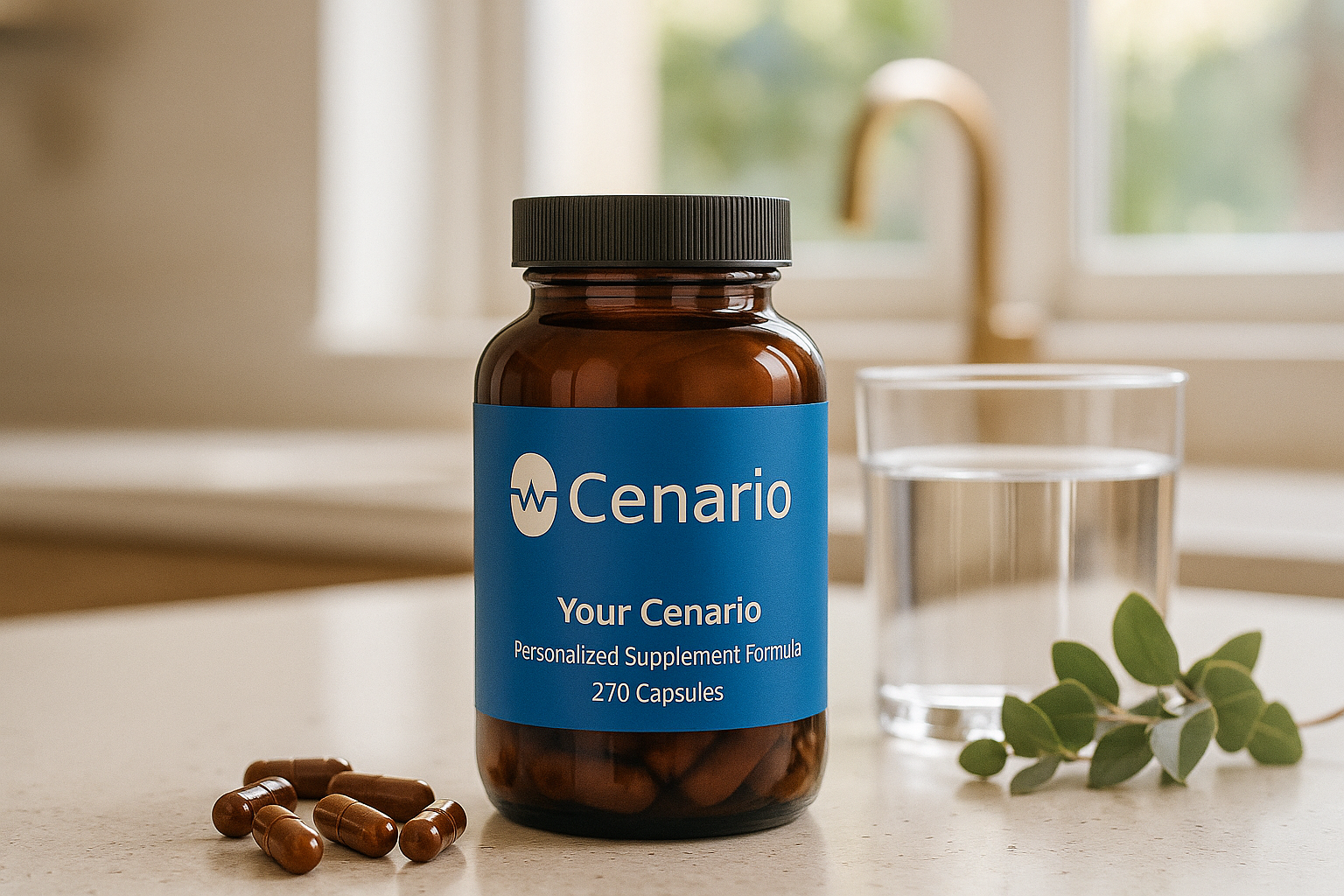 Cenario supplement bottle with capsules and glass of water