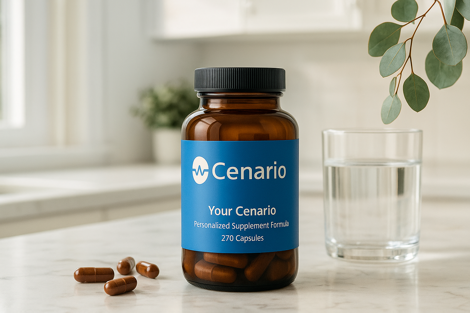 Cenario supplement bottle with capsules and glass of water