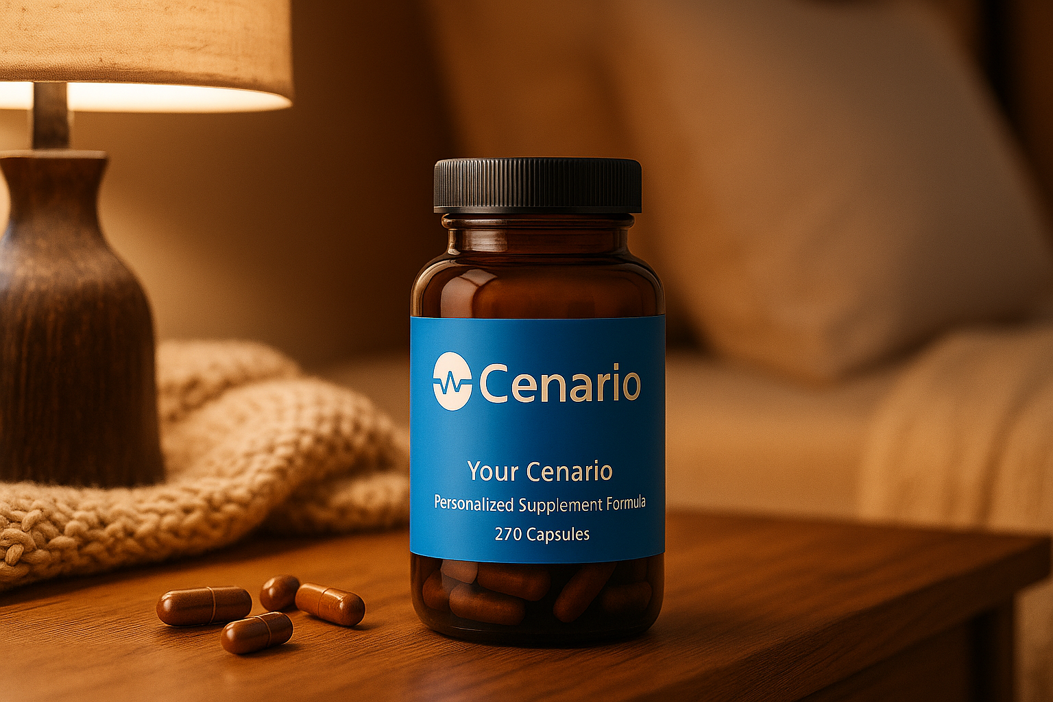 Bottle of Cenario personalized supplement capsules on wooden table