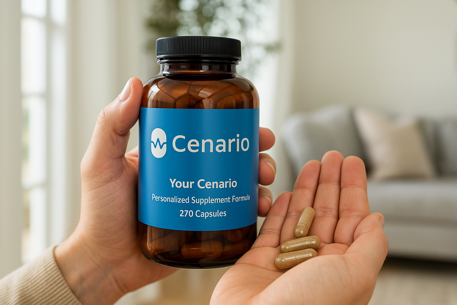 Hand holding Cenario supplement bottle and capsules