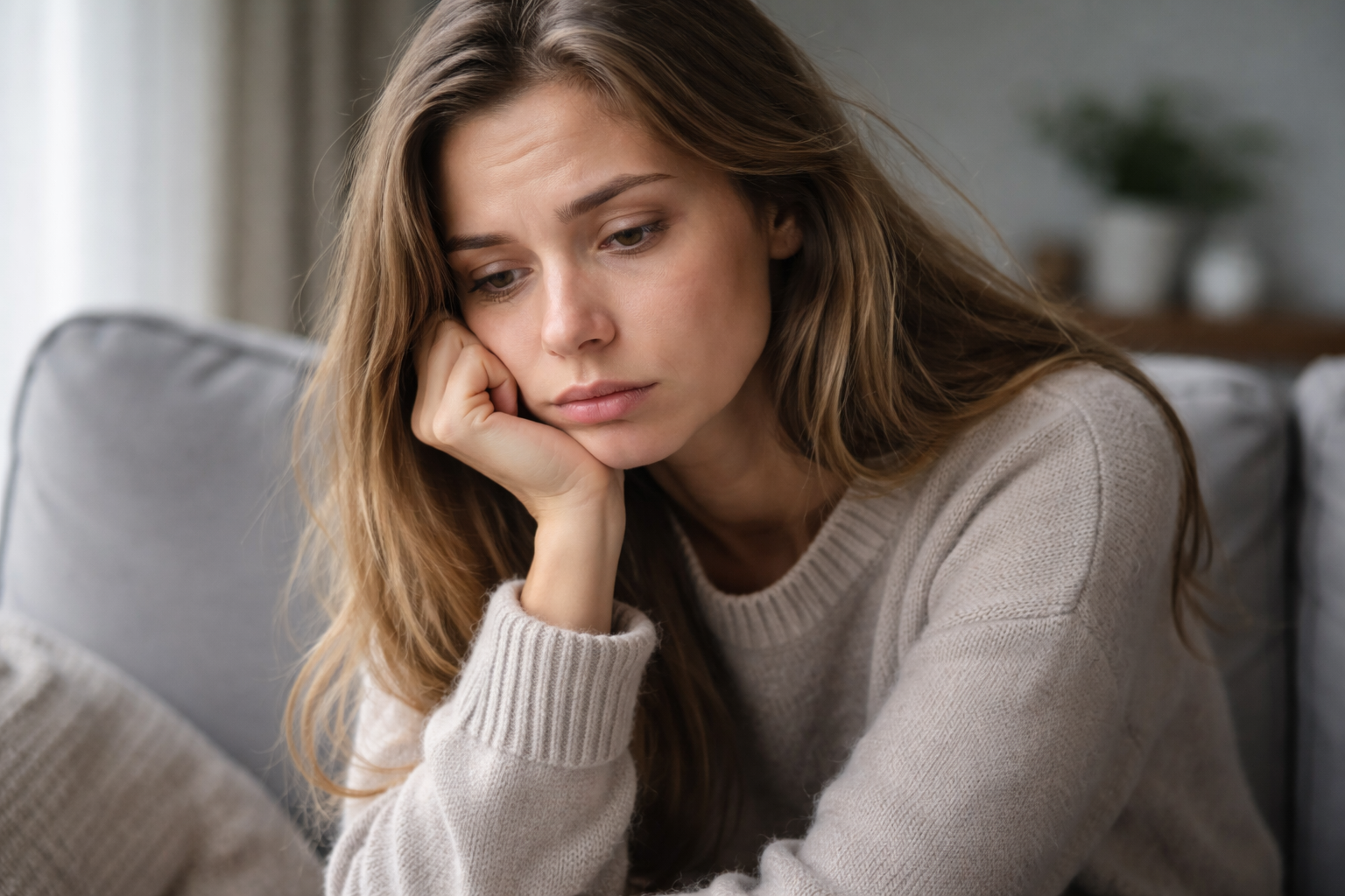 Pensive young woman resting her head on her hand