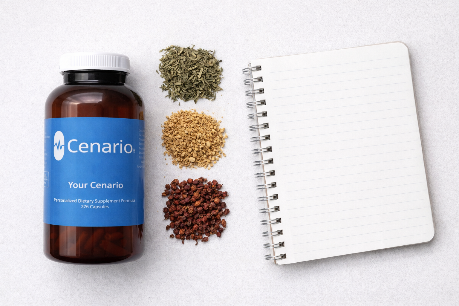 Bottle of Cenario supplements with three herbal ingredients and a blank notebook
