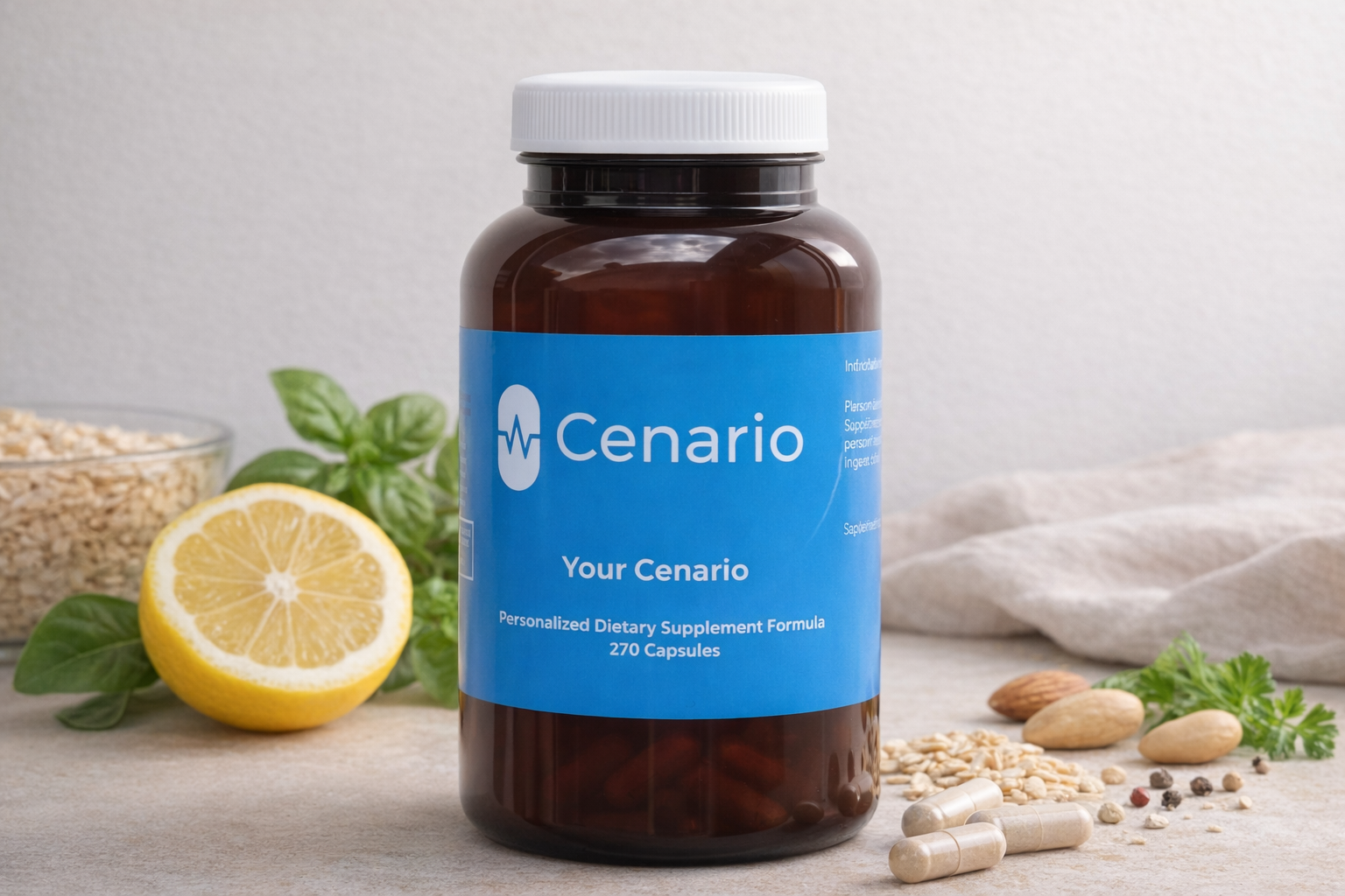 Cenario dietary supplement bottle with lemon and herbs