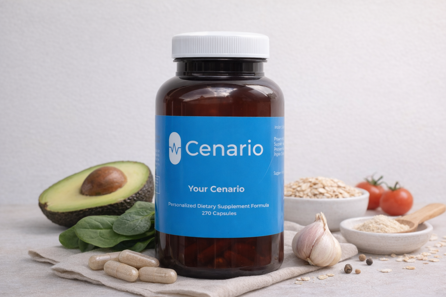 Bottle of Cenario dietary supplement with natural ingredients