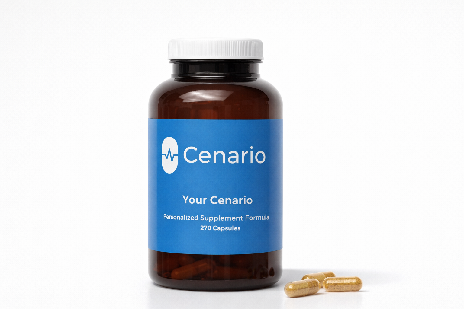 Brown supplement bottle with blue Cenario label and capsules beside it