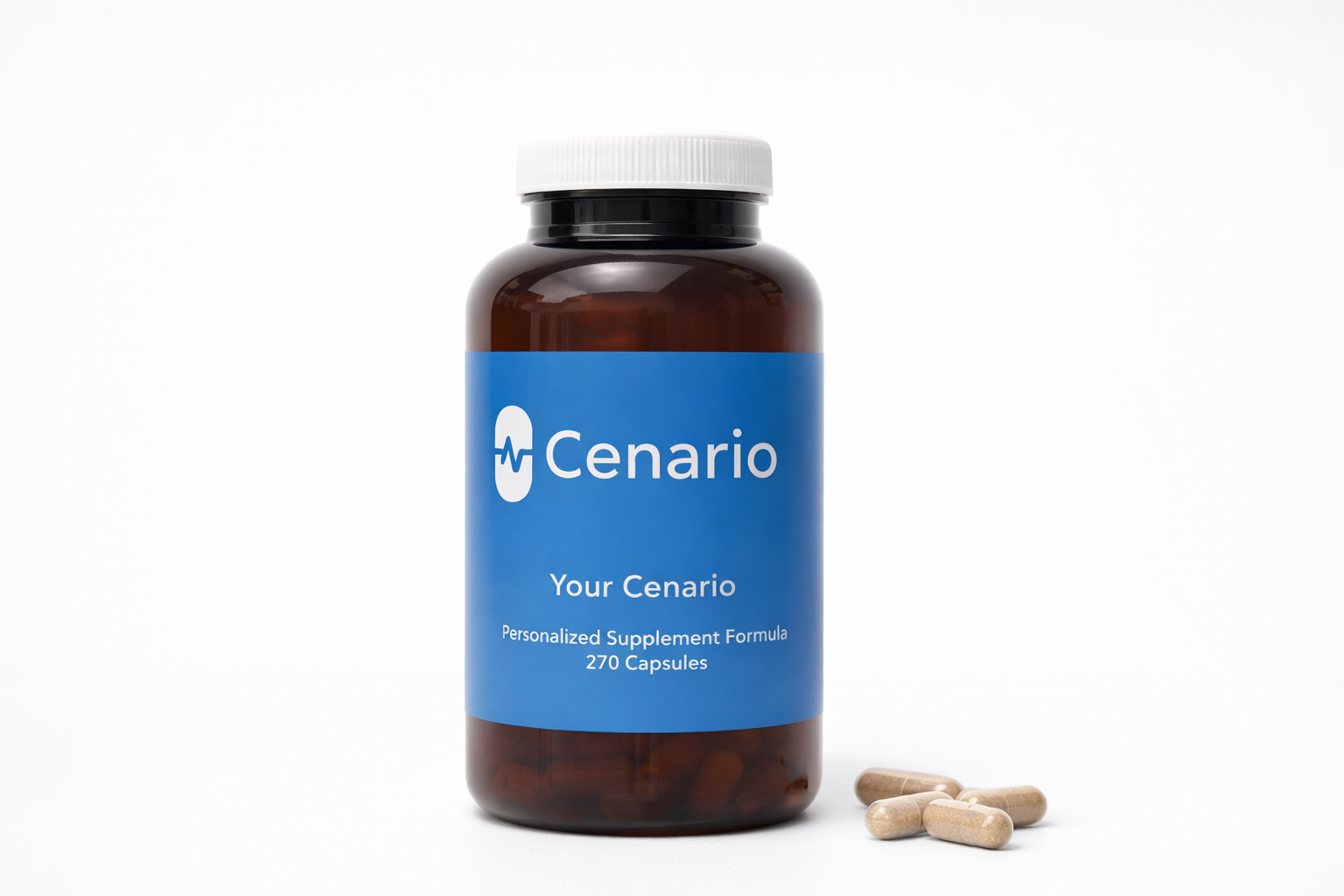 Bottle of Cenario personalized supplement capsules with pills nearby