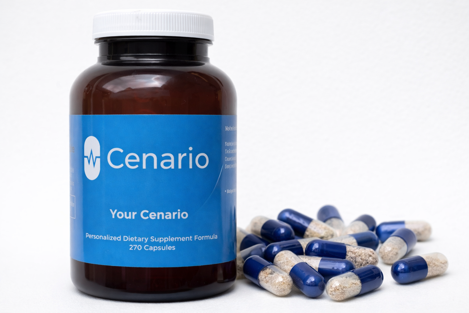 Cenario supplement bottle with blue and clear capsules