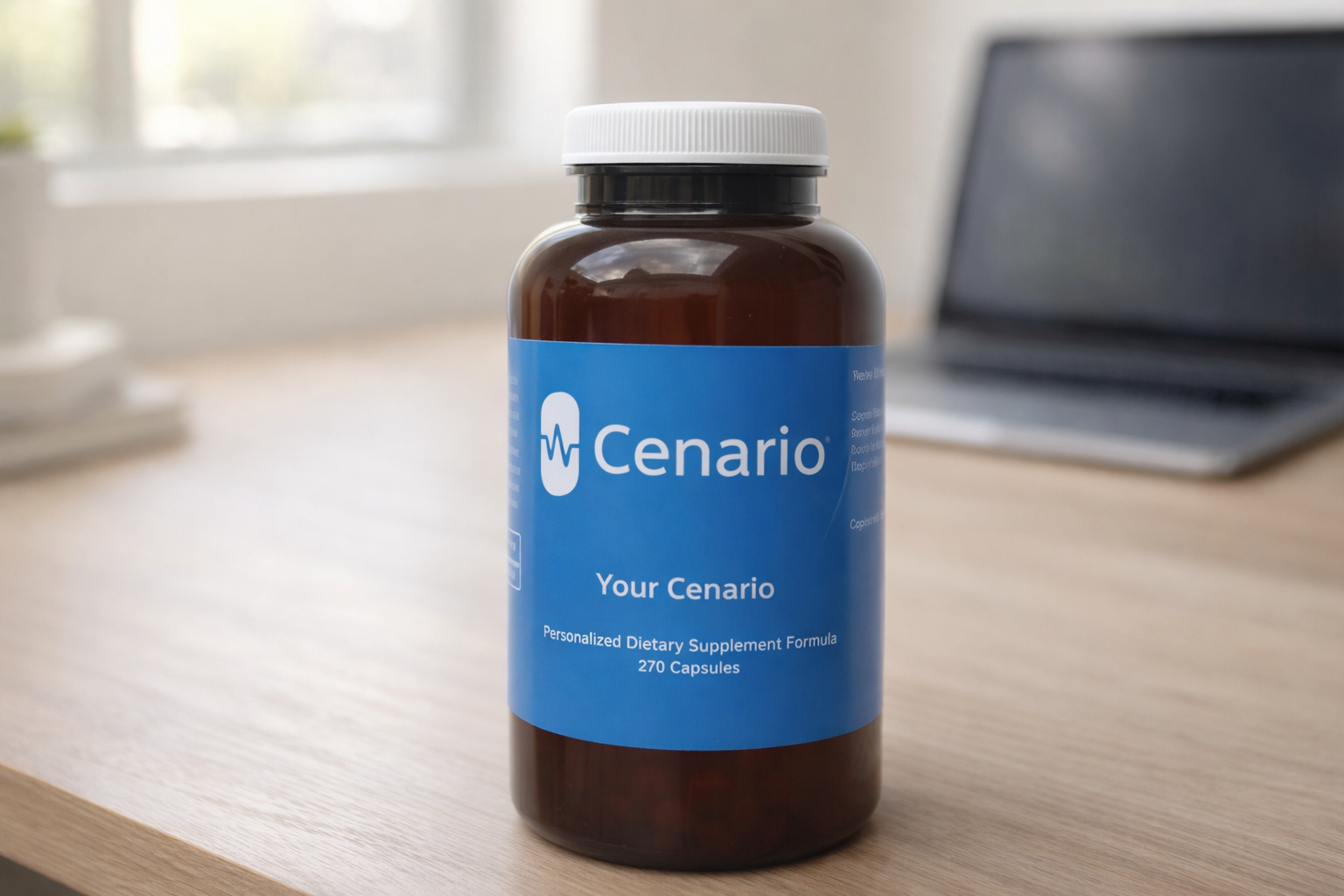Bottle of Cenario personalized dietary supplement capsules